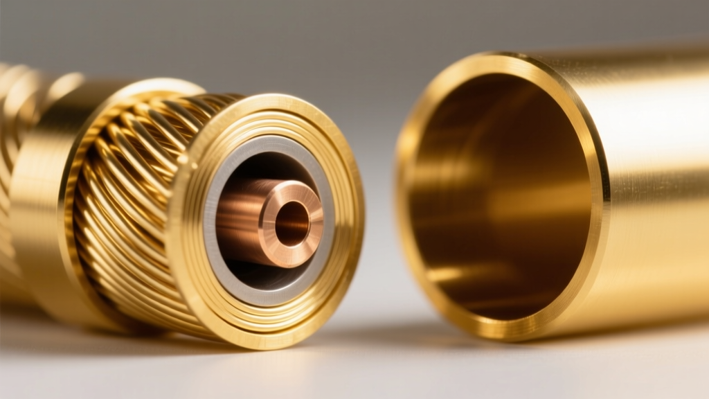 Macro cross-section of gold-filled wire beside a hollow gold tube, showing the thick brass core and outer karat gold metal layer.