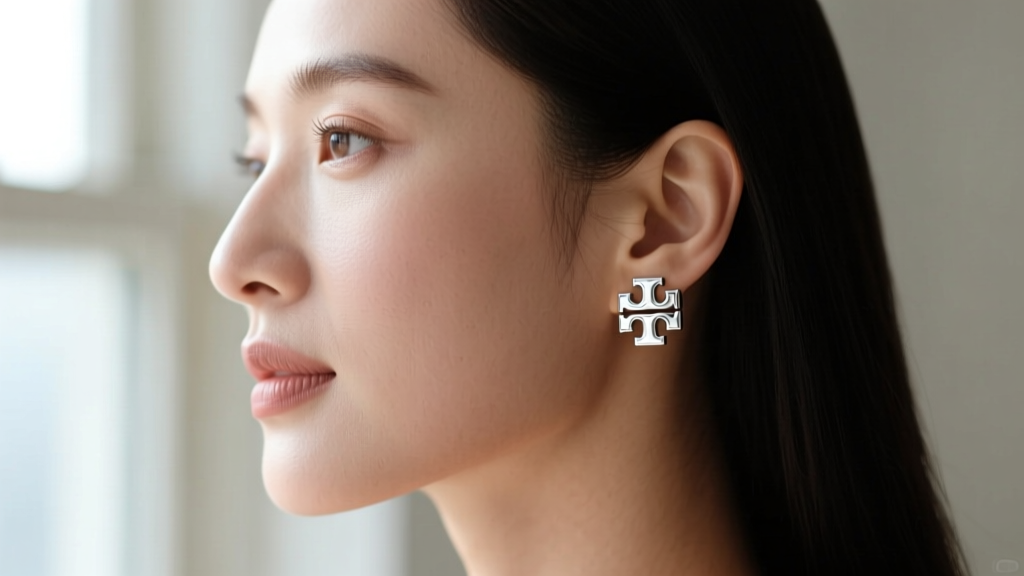 Close-up profile of a woman wearing Tory Burch silver Miller logo stud earrings, highlighting polished metal against her earlobe.