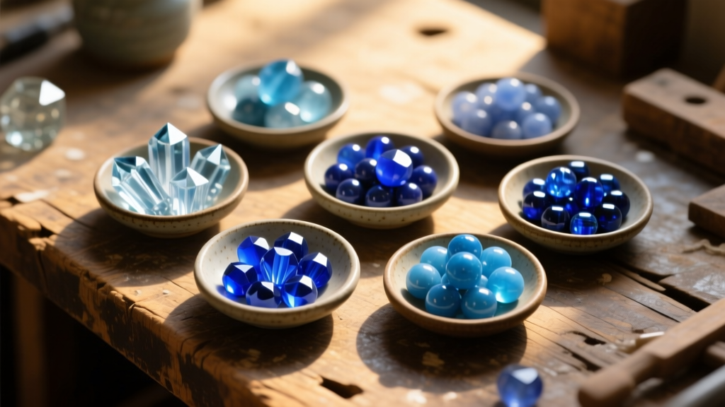 Overhead view of sorted sodalite, glass, and resin blue beads in small ceramic dishes on a wooden workbench under warm light.