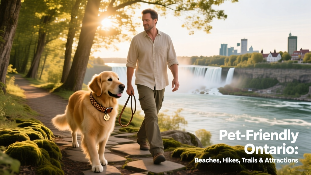 A golden retriever walking calmly beside its owner along a tree-shaded path overlooking the Niagara River near Niagara-on-the-Lake