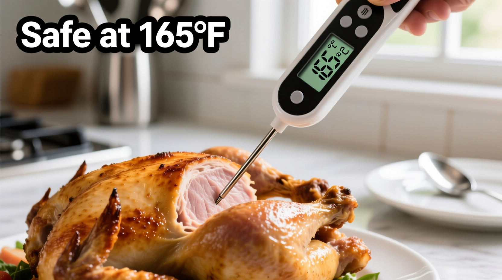 Food safety thermometer checking chicken temperature