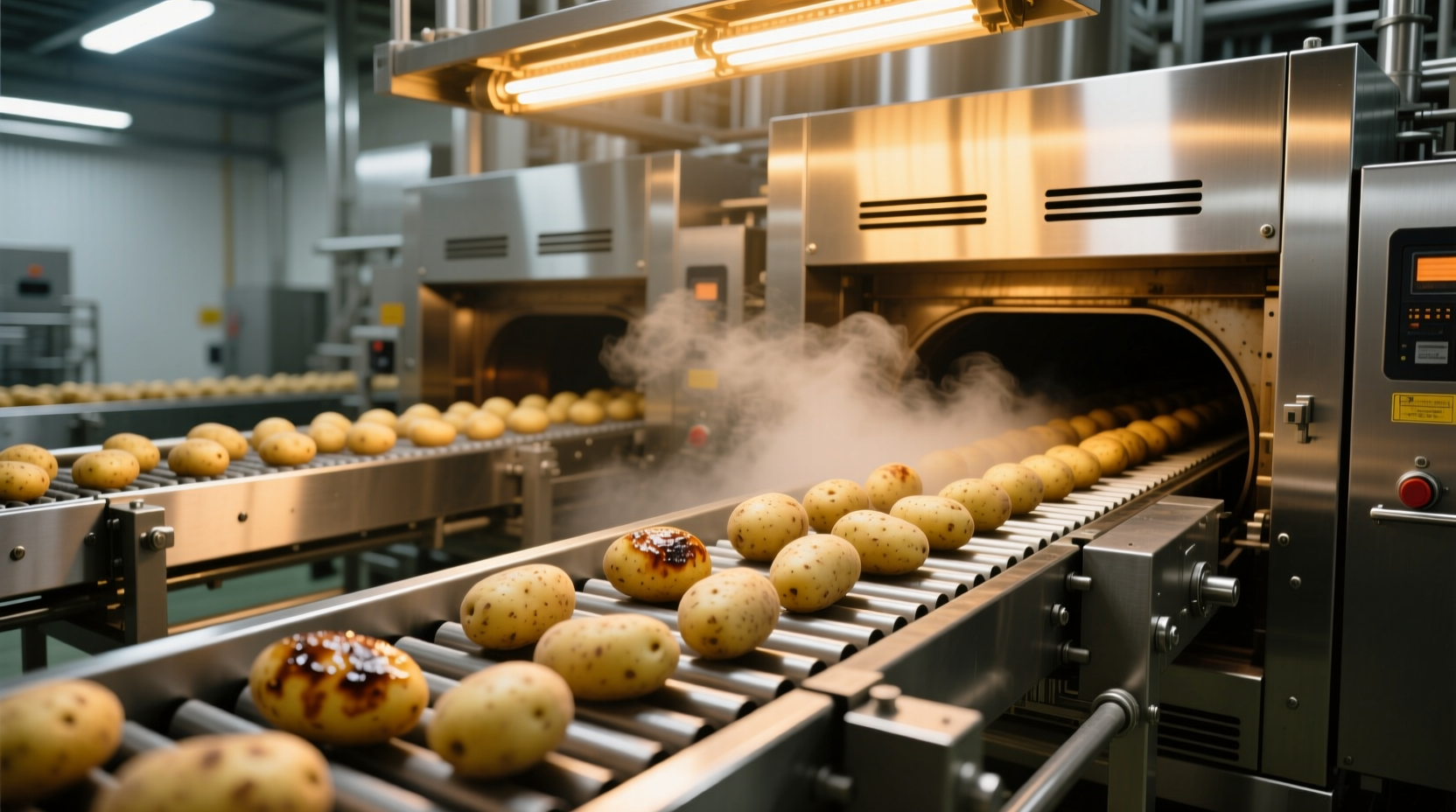 Industrial potato baking facility with conveyor system