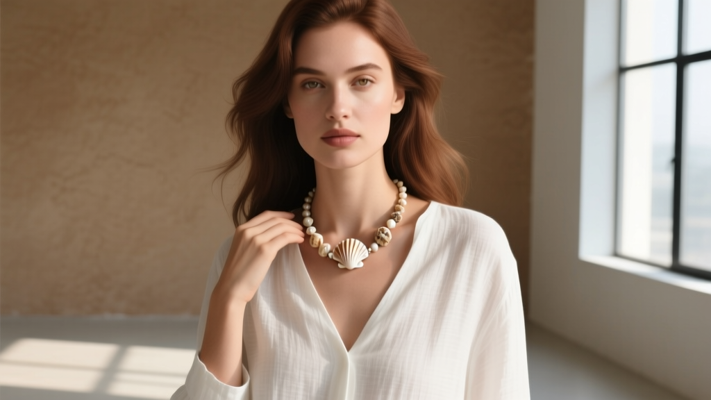 Woman wearing a shell and bead necklace over a white linen V-neck shirt, highlighting organic textures against the crisp fabric