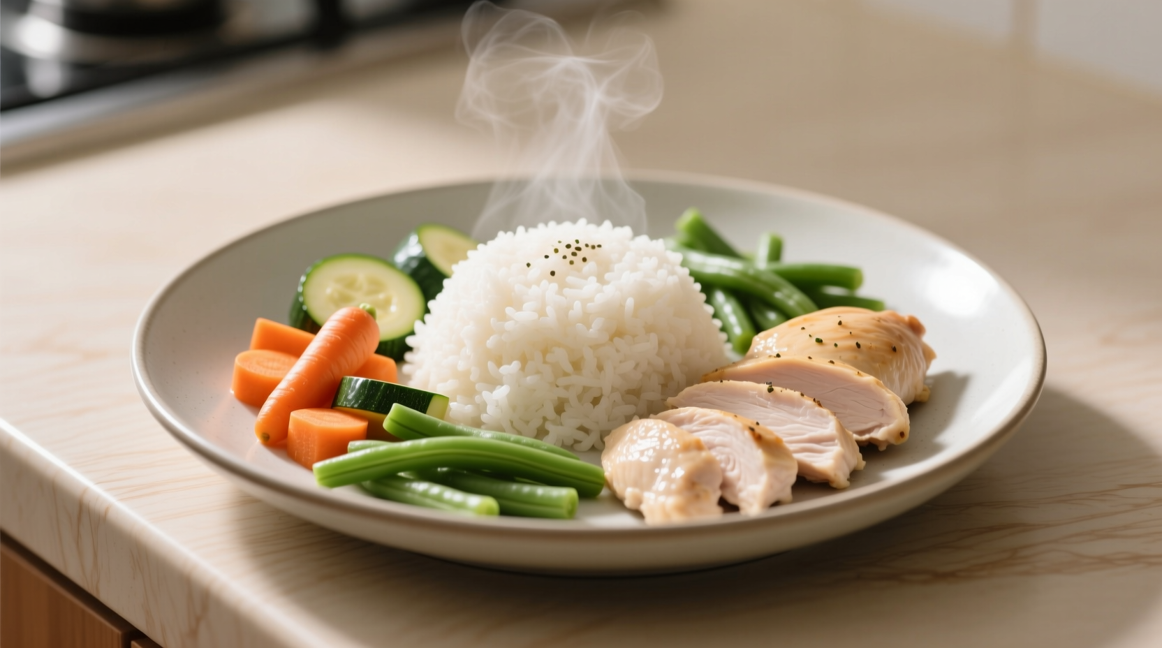 Bland diet meal plate with rice, chicken and vegetables