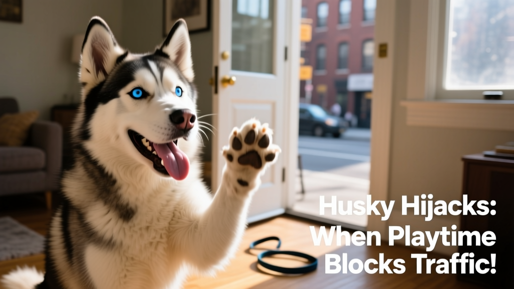 Close-up of a smiling Husky mid-paw-play, tongue lolling, ears perked, radiating pure, unbothered joy