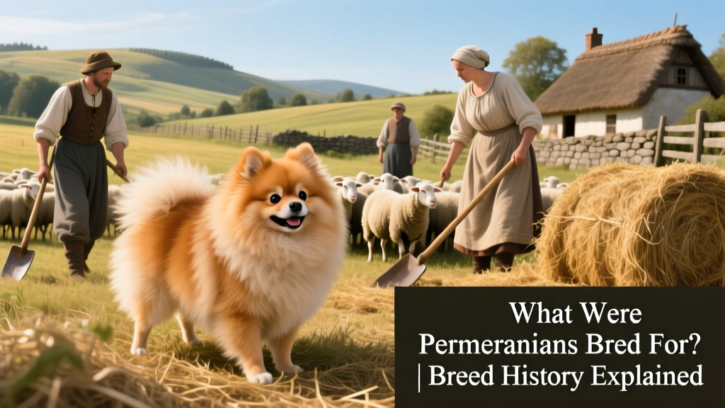 A historical illustration showing a larger, spitz-type Pomeranian working alongside people in a rural European setting
