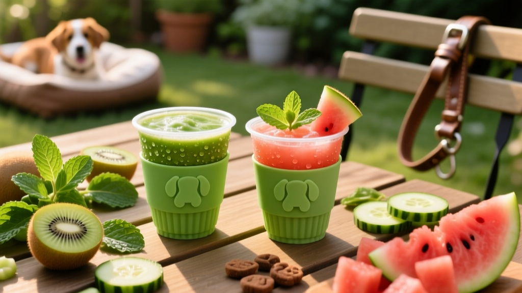 A vibrant green smoothie and a watermelon mocktail served in dog-safe silicone cups beside fresh fruit and herbs