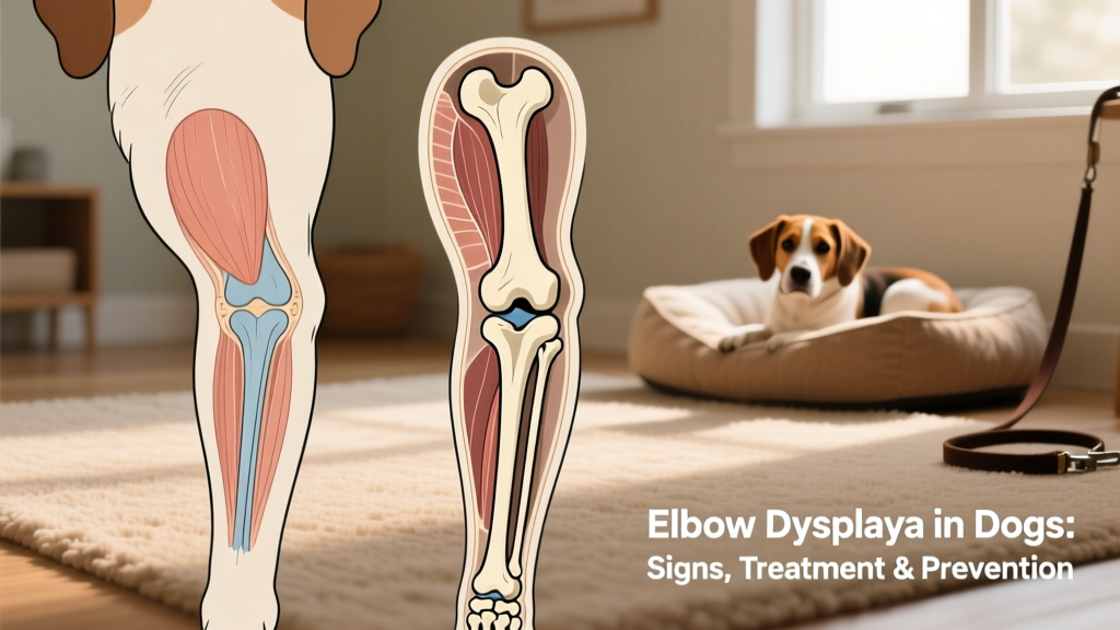Side-by-side illustration showing normal canine elbow anatomy versus elbow dysplasia with misaligned bones