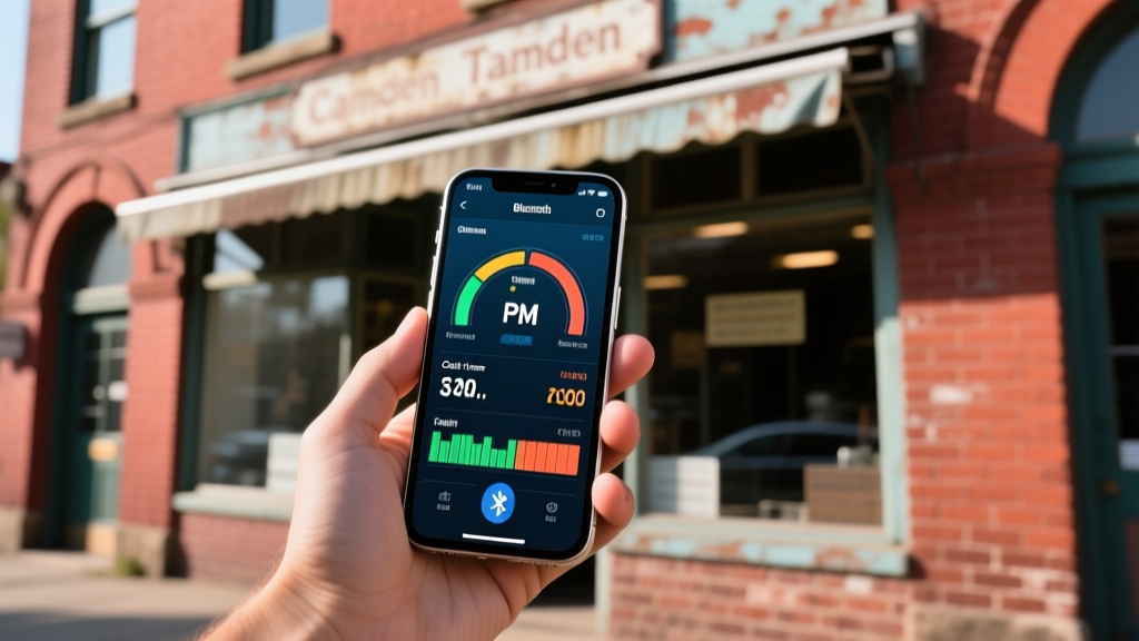 Smartphone displaying live OBD2 engine diagnostics via Bluetooth while parked outside a historic Camden brick storefront.