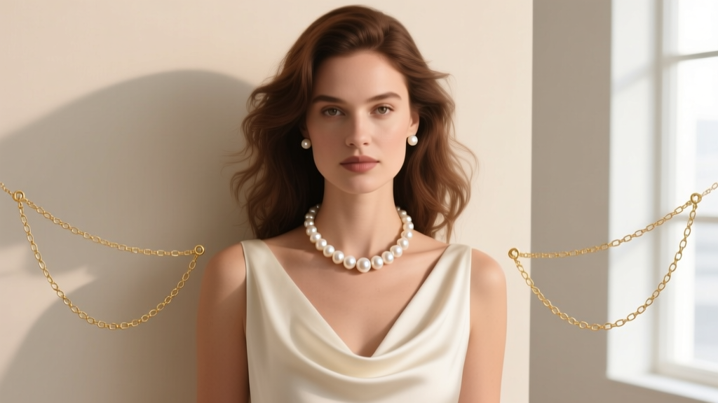 Woman wearing a layered stack with an 18-inch Carolee pearl princess necklace and two delicate 14k gold satellite chains.