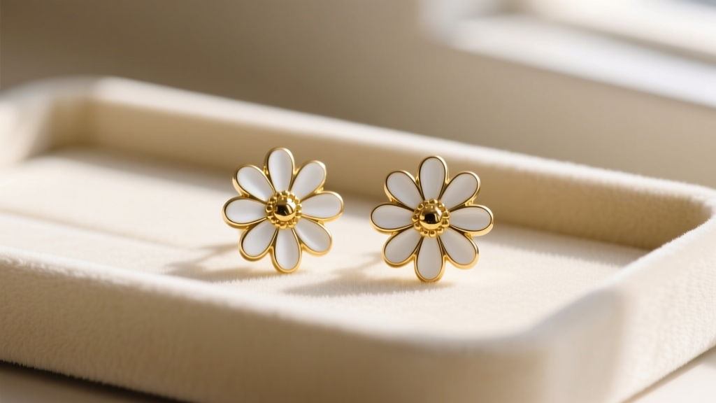 Close-up of authentic Marc Jacobs gold-plated white enamel daisy stud earrings resting on a cream velvet jewelry display tray