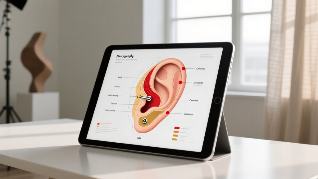 Anatomical earring placement chart on a tablet highlighting cartilage and lobe piercing zones in a bright modern studio.