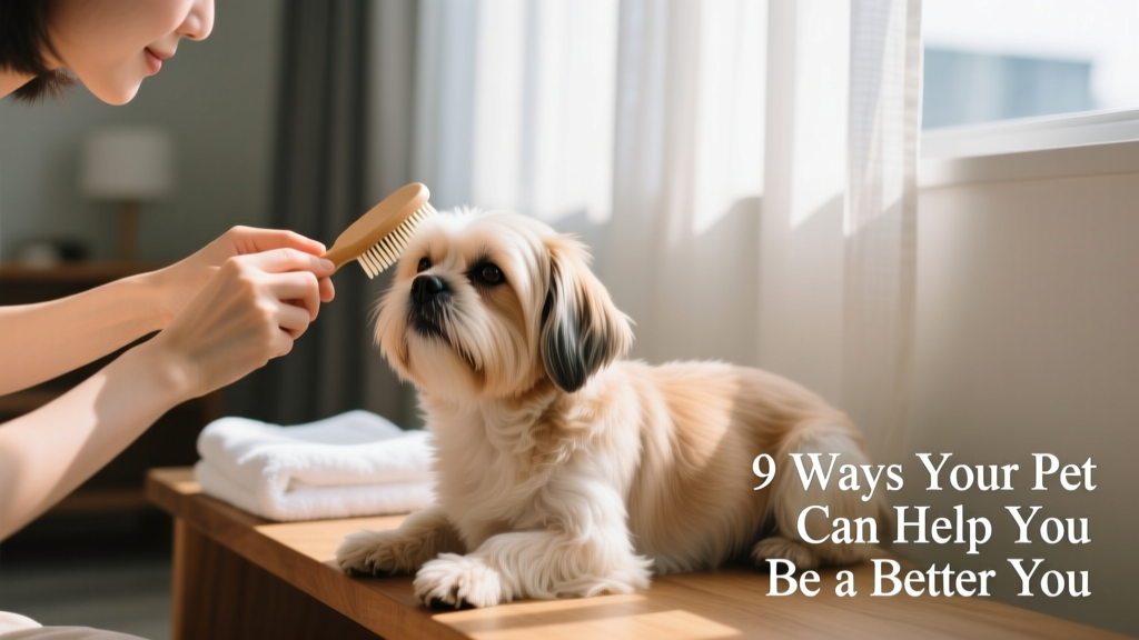 A person gently brushing a calm Shih Tzu during a quiet at-home grooming session, with natural light and soft towels nearby