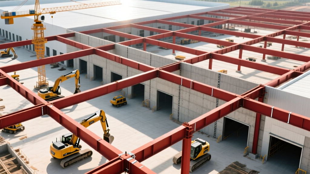 Aerial view of a modern logistics warehouse under construction showing exposed red iron steel framing, concrete tilt-up walls, and heavy machinery.
