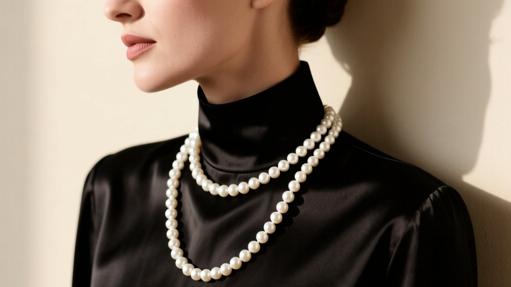 Side profile of a woman wearing a 20-inch matinee strand of 9mm white pearls resting elegantly over a black silk blouse neckline