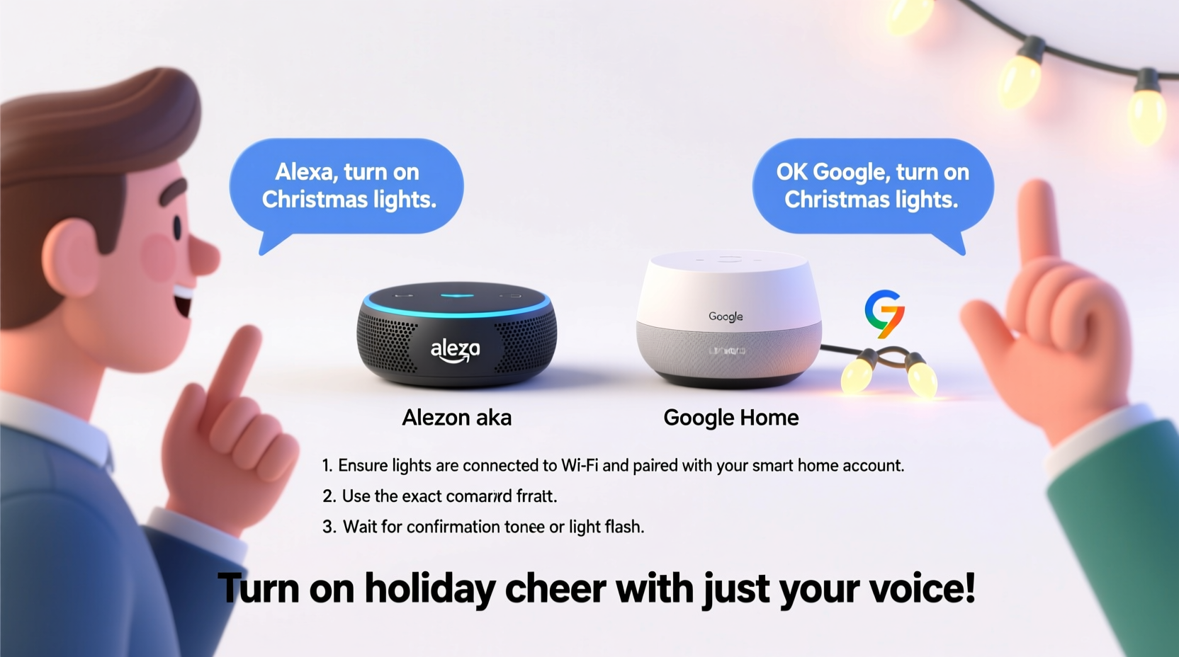 how to use voice commands to turn on christmas lights with alexa or google home