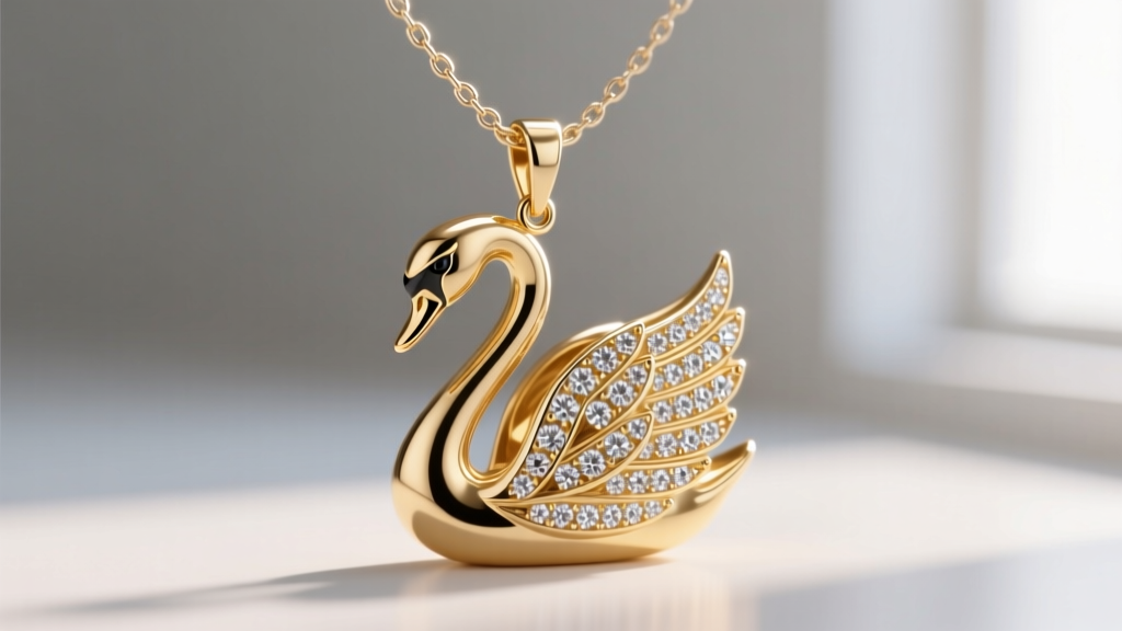 Close-up of an 18k gold ballet swan pendant showing diamond wing accents and a thick soldered bail attached to a fine box chain