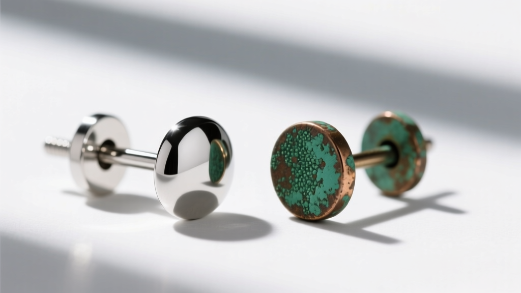 Macro shot of 316L surgical steel earring post next to a cheap zinc alloy post showing green oxidation on a clean white surface.
