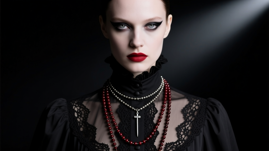 Model wearing a layered heavy rosary necklace with a needle pendant over a dark Victorian high-collar blouse, moody studio lighting