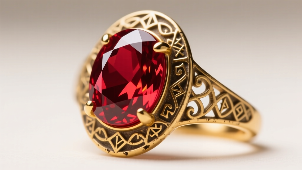 Macro shot of an oval-cut pigeon blood ruby set in a textured 14k yellow gold bezel, mimicking fantasy RPG jewelry aesthetics