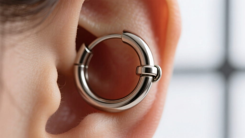 Macro shot of a 16-gauge titanium hinged hoop earring on an earlobe, highlighting the seamless click-closure mechanism.
