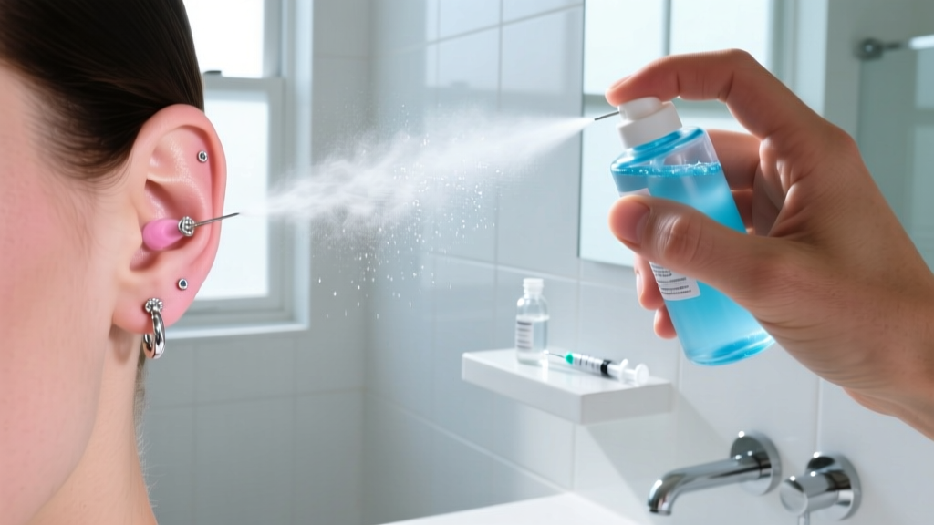 Close-up of hands spraying sterile saline on a left ear cartilage piercing in a bright, modern, minimalist bathroom environment.