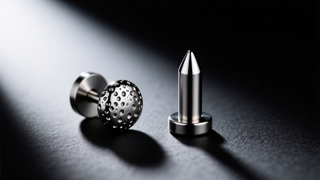 Close-up of a pitted surgical steel earring post next to a mirror-polished ASTM F-136 titanium labret stud on a dark surface