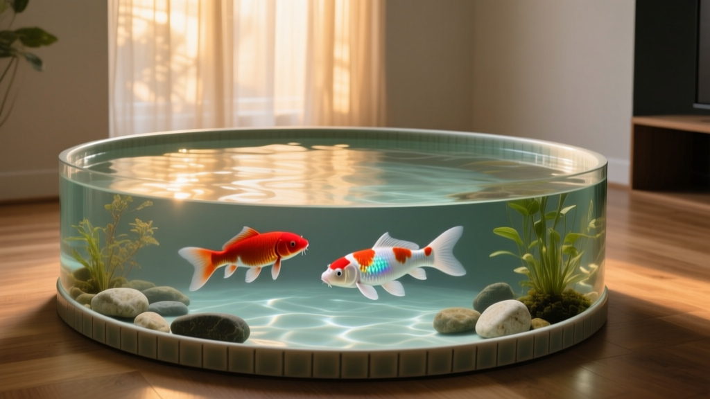 Side view of a properly sized indoor koi tank showing ample open swimming space and gentle curves