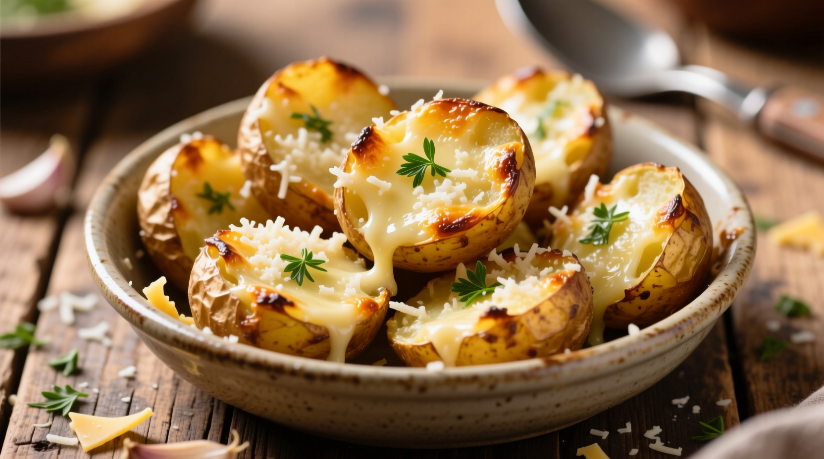 Golden smashed potatoes with garlic and parmesan