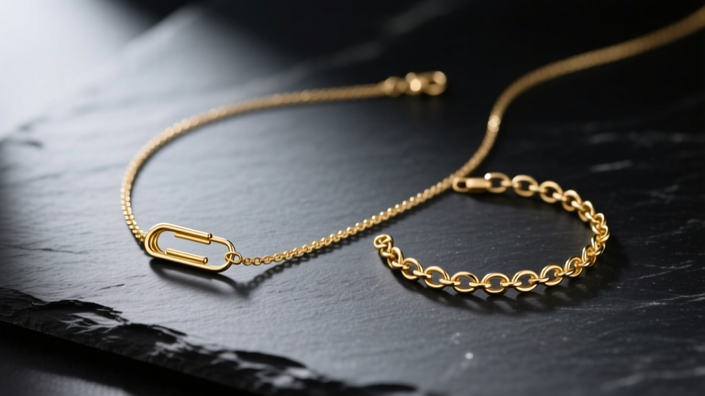 Elegant flat lay of a 14k gold paperclip necklace and matching chain bracelet on dark slate surface, soft directional lighting