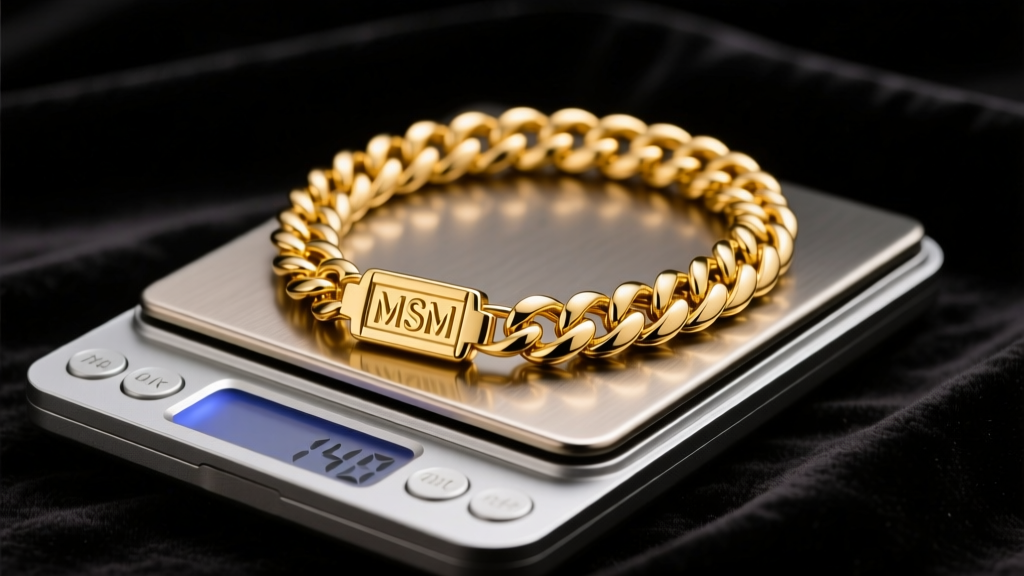 Thick 14k yellow gold Miami Cuban chain with an MSM clasp resting on a digital jewelry scale against a dark velvet backdrop.