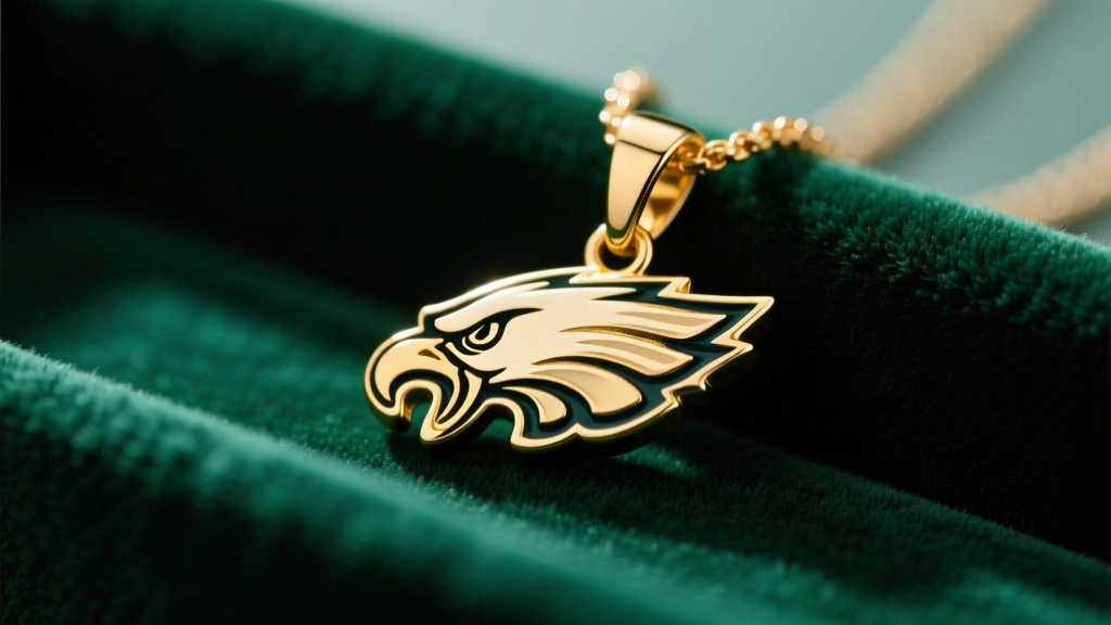 Macro shot of a 14k gold Philadelphia Eagles pendant on dark green velvet, highlighting metallic luster and crisp logo