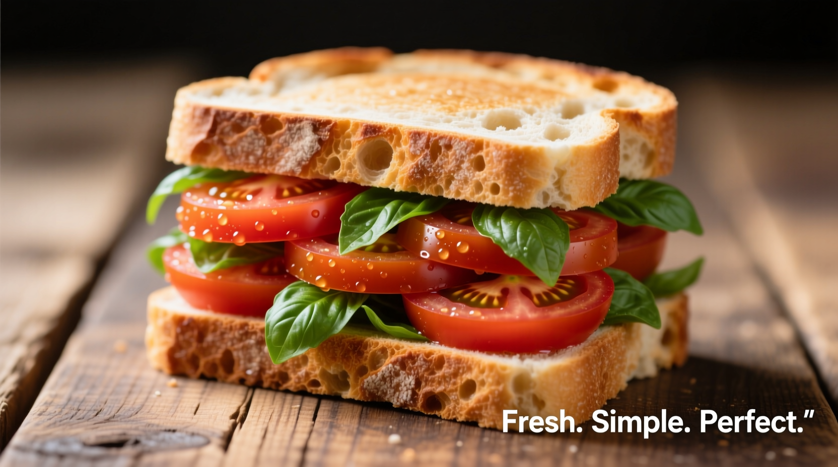 Perfectly layered tomato sandwich with fresh basil