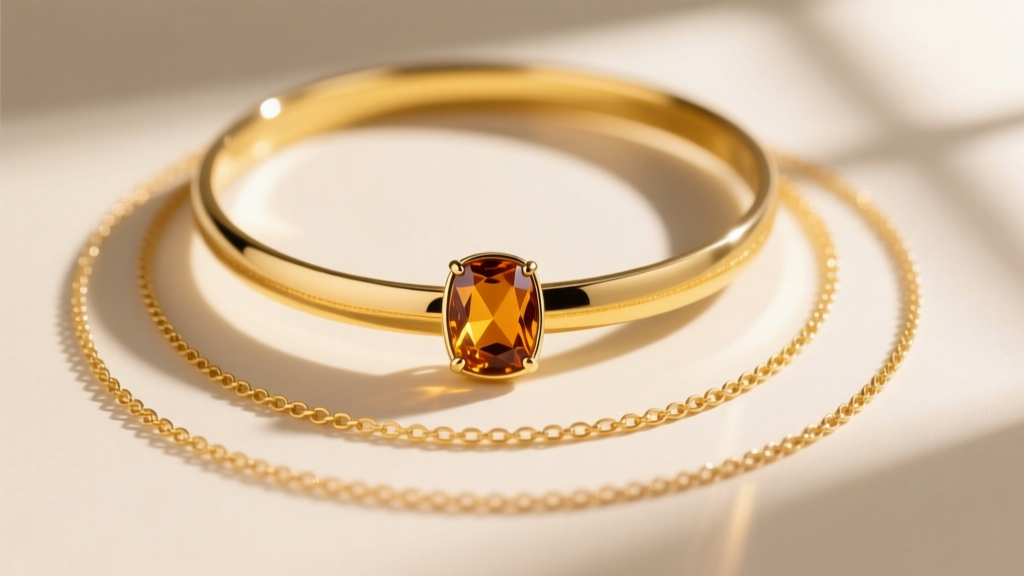 Macro shot of a layered necklace stack: a 16-inch yellow gold choker, an 18-inch citrine pendant, and a 20-inch plain chain.