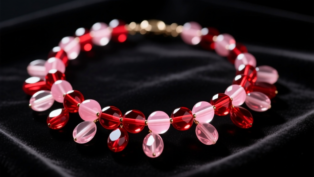 Close-up of a Lana Del Rey inspired candy necklace with translucent red and pink glass beads on dark velvet under moody lighting.
