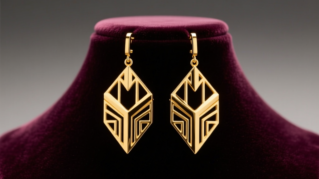 Elegant 18-karat yellow gold dangling earrings with geometric Art Deco designs on a dark velvet bust under warm studio lighting.