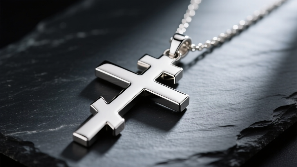 Close-up of a polished sterling silver Russian Orthodox cross necklace resting on dark slate, highlighting the three distinct bars.