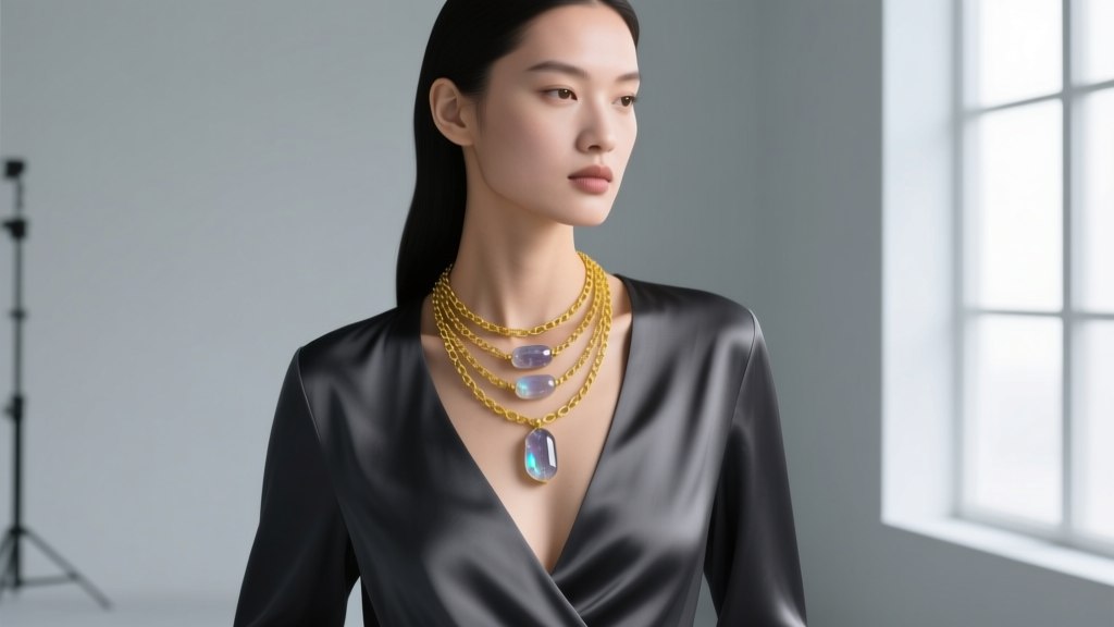 Model wearing a layered smoky quartz necklace set with 14k yellow gold chains over a deep V-neck charcoal silk blouse.