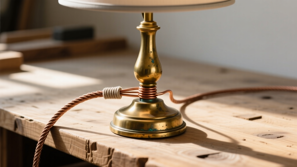 Restored solid brass vintage lamp base with patina finish being wired with cloth-covered copper cables on a wooden workbench