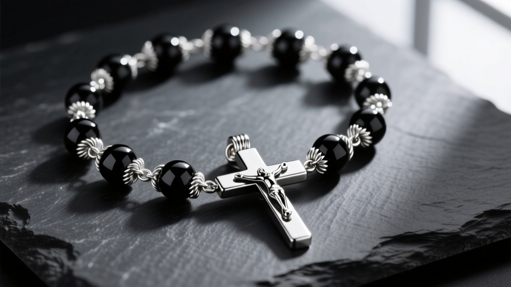 Close-up of polished 316L stainless steel rosary necklace on dark slate, highlighting wire-wrapped black onyx beads and crucifix.
