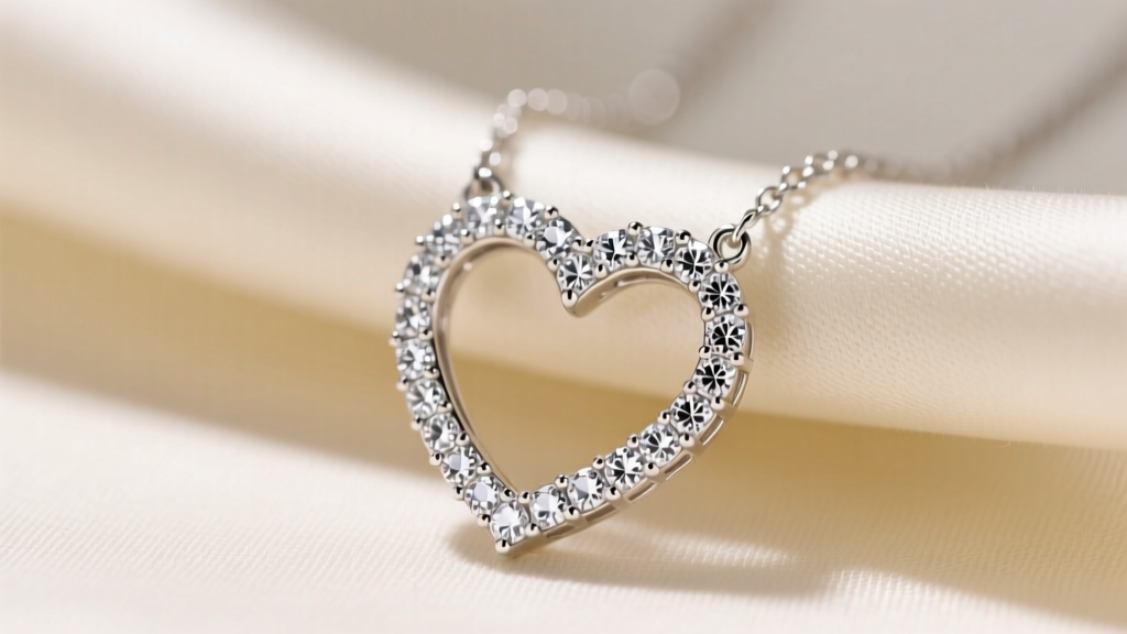 Pave-set cubic zirconia sterling silver heart necklace on cream silk, showing intricate micro-prong gemstone settings in close-up