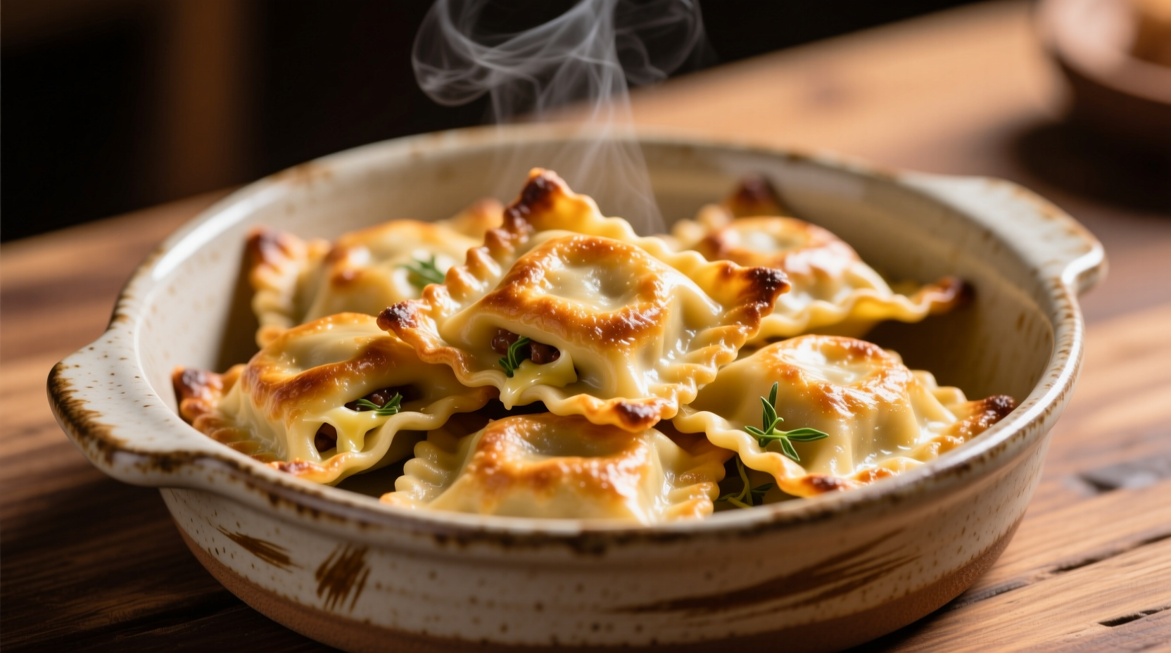 Perfectly cooked golden brown baked ravioli in ceramic dish