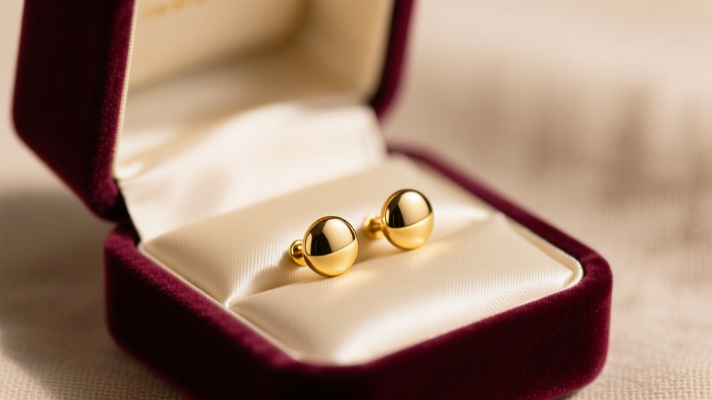Velvet box revealing 18k gold threadless stud earrings on cream silk, soft warm lighting highlighting the polished metal finish
