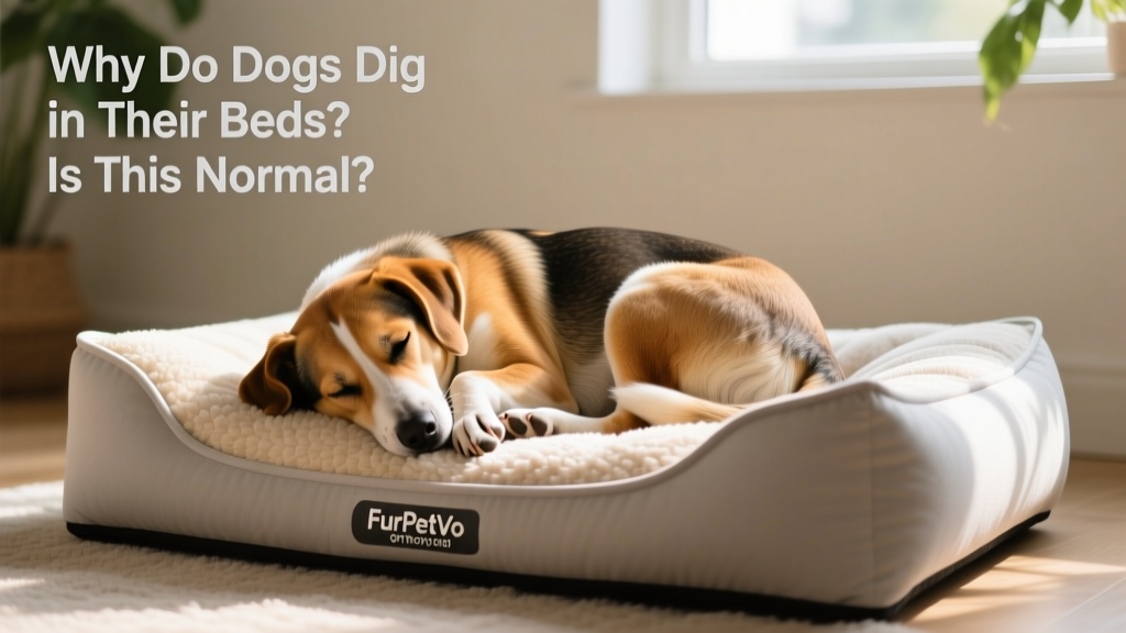 A relaxed dog curled peacefully on a clean, supportive FurPetVo dog bed after nesting behavior