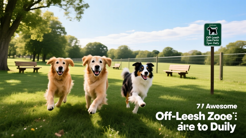 Dogs playing together in a fenced grassy field with trees and benches, under clear blue sky