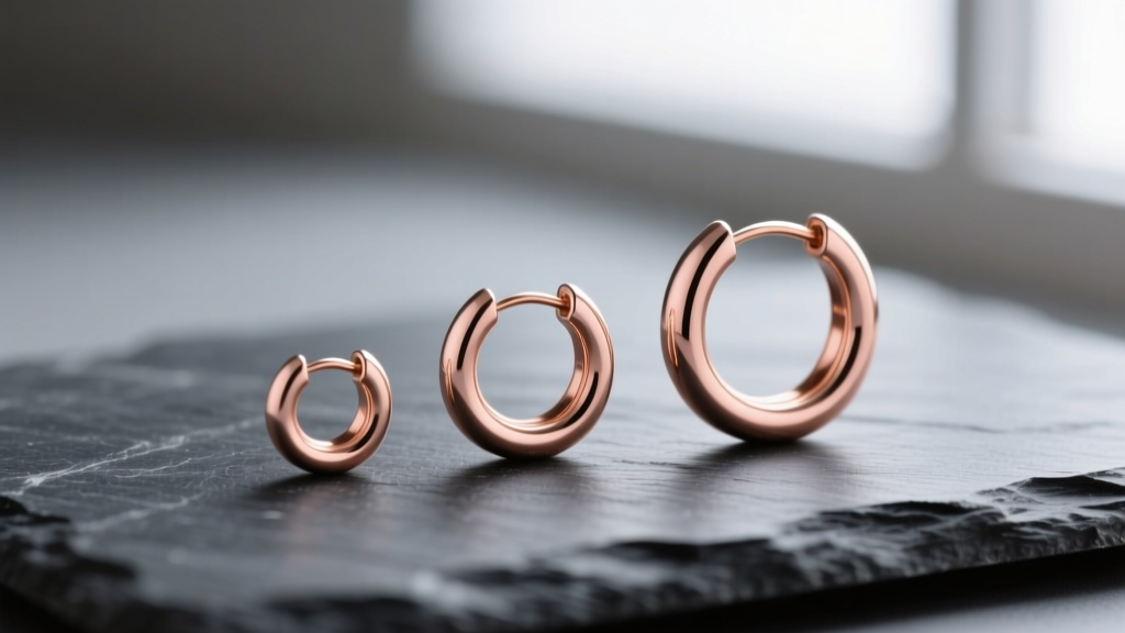 Macro photography of three small rose gold hoop earrings in 8mm, 10mm, and 12mm diameters resting on a dark slate surface