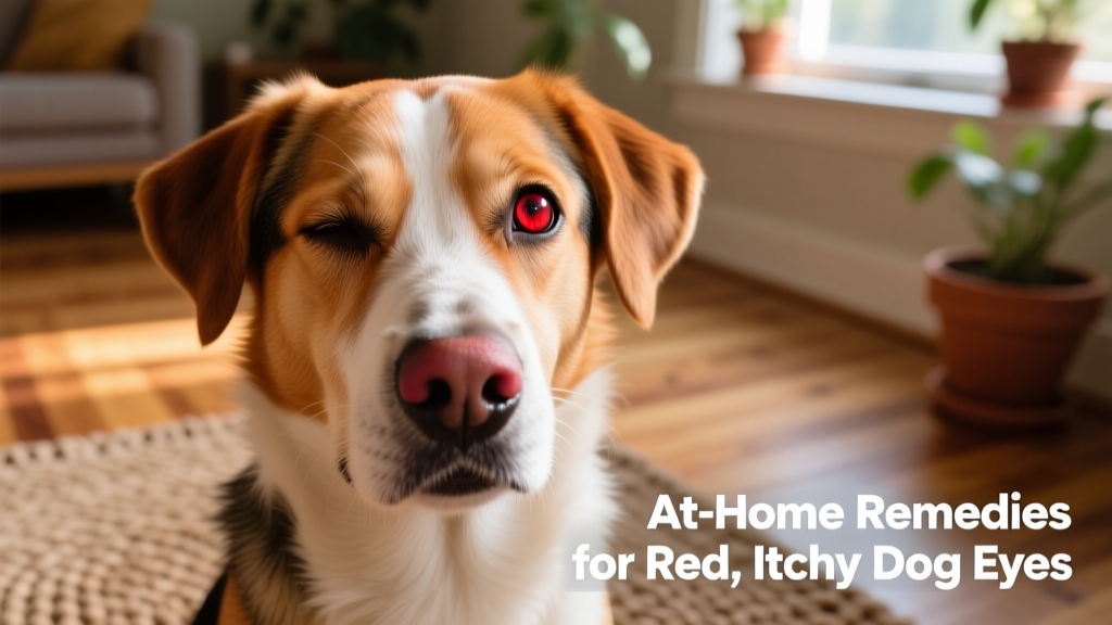 Close-up of a dog gently blinking, with slightly reddened but clear eyes