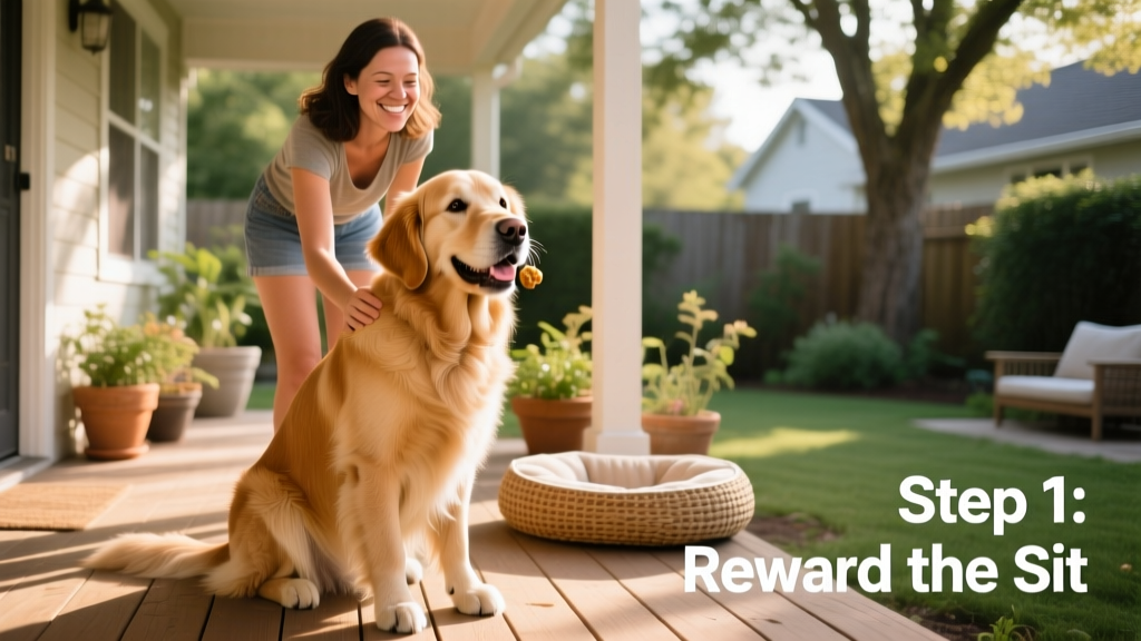 A happy dog sitting attentively with a treat in its mouth, owner smiling nearby