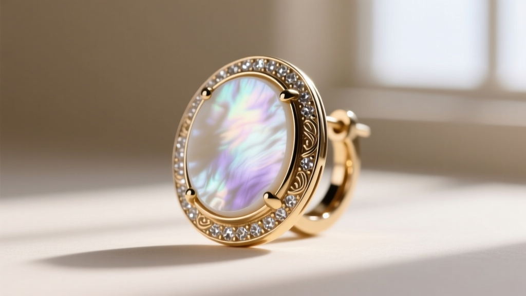 Macro shot of white mother-of-pearl inlay on a brass earring base, showing iridescent luster and an intricate metallic bezel.
