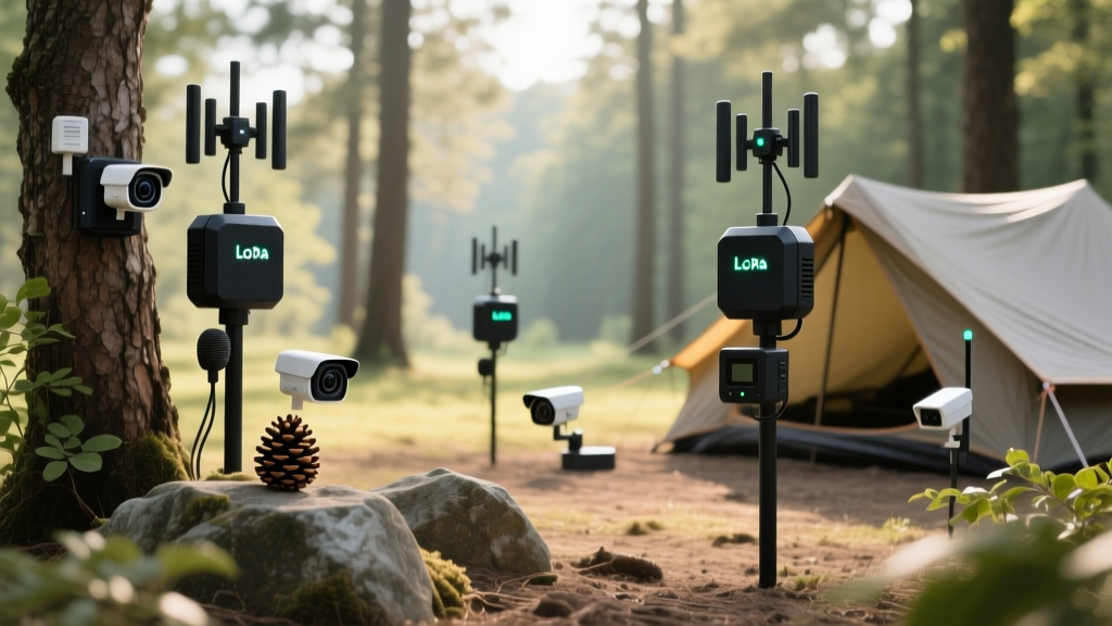 Schematic layout of a campsite showing strategic placement of LoRa mesh nodes and hidden perimeter spy gadgets.